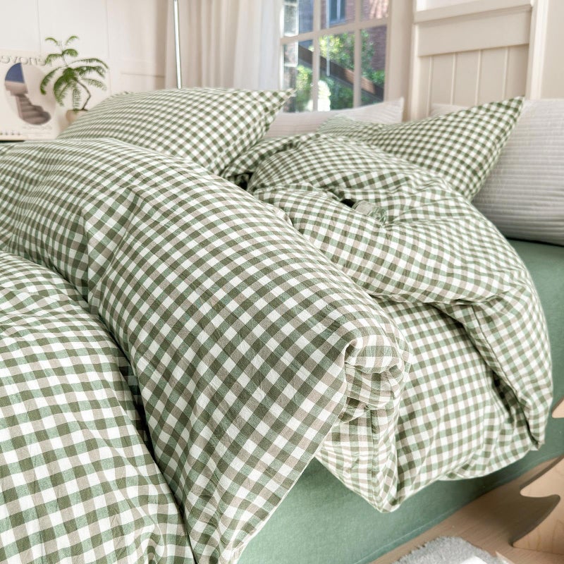 LifeTB Green Gingham Comforter Set Full Size Boho Plaid Checkered Pattern Comforter Geometric Grid Plaid Printed Bedding Comforter Set with 2 Pillowcases Fluffy Soft Gingham Bedding Set Full Size - Image 1